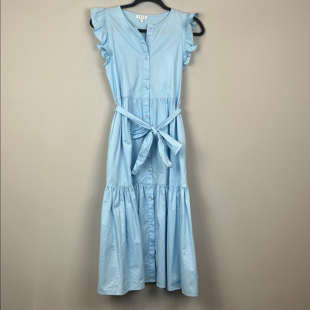 TCEC Light Blue Ruffle-Sleeve Tank Button Front Maxi Tiered Dress Size Small